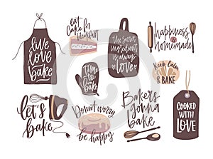 Set of motivational slogans handwritten with cursive font decorated by cooking or baking design elements. Bundle of
