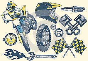 Set of motocross objects in retro hand drawing style photo