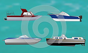 Set of motor boat on sea background,