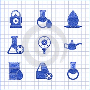 Set Motor gas gauge, Antifreeze canister, Test tube and flask, Canister for motor machine oil, Barrel, test, Oil drop
