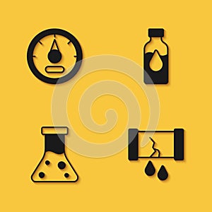 Set Motor gas gauge, Broken oil pipe with valve, Oil petrol test tube and icon with long shadow. Vector