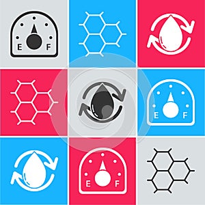 Set Motor gas gauge, Chemical formula consisting of benzene rings and Oil drop icon. Vector