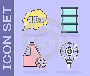 Set Motor gas gauge, CO2 emissions in cloud, Antifreeze canister and Barrel oil icon. Vector
