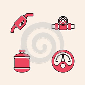 Set Motor gas gauge, Gasoline pump nozzle, Metallic pipes and valve and Propane tank icon. Vector