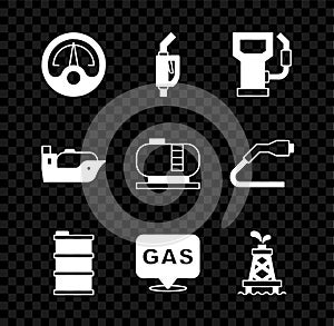 Set Motor gas gauge, Gasoline pump nozzle, Petrol station, Barrel oil, Location and, Oil rig, tanker ship and storage