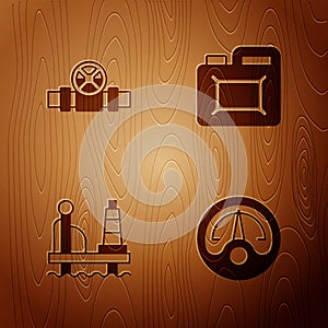 Set Motor gas gauge, Metallic pipes and valve, Oil platform in the sea and Canister motor oil on wooden background
