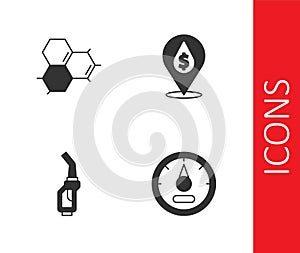 Set Motor gas gauge, Molecule oil, Gasoline pump nozzle and Oil drop with dollar symbol icon. Vector