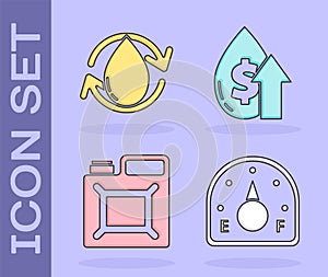 Set Motor gas gauge, Oil drop, Canister for gasoline and Oil price increase icon. Vector