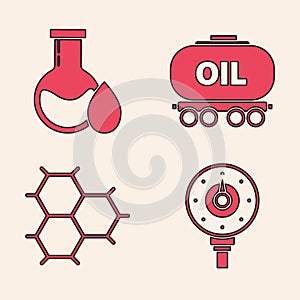 Set Motor gas gauge, Oil petrol test tube, Oil railway cistern and Chemical formula consisting of benzene rings icon