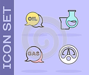 Set Motor gas gauge, Word oil, Location and station and Oil petrol test tube icon. Vector