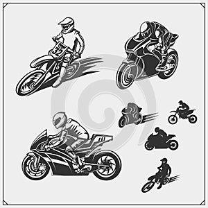 Set of motor sport silhouettes, labels and emblems. Motocross jumping riders, moto trial, moto freestyle and motor racing.