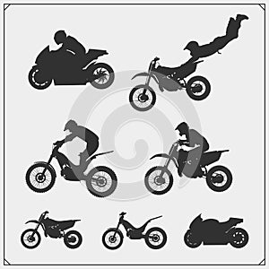 Set of motor sport silhouettes, labels and emblems. Motocross jumping riders, moto trial, moto freestyle and motor racing.