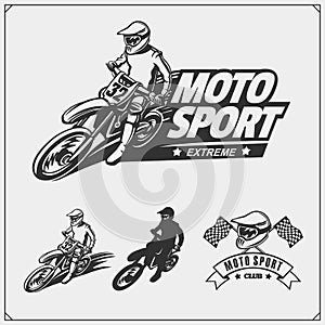 Set of motor sport silhouettes, labels and emblems. Motocross riders.