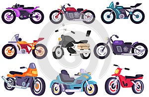 Set of motorcycle design flat style. Motorbike and bike different types, motorcycle isolated