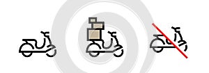 Set of motorcycle, full and ban delivery bike icons. Editable line vector.