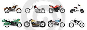 Set of motorcycle or motorbike, bike or extreme cycle. Retro street scooter and modern cruiser or moped. Collection