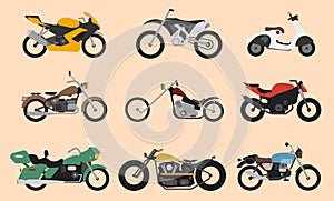 Set of motorcycle or motorbike, bike or extreme cycle. Retro street scooter and modern cruiser or moped. Collection