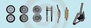 Set of motorcycle parts with wheels cartoon icon design template with various models. vector illustration