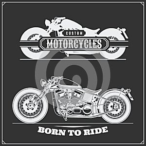 Set of motorcycles. Emblems of bikers club. Vintage style.