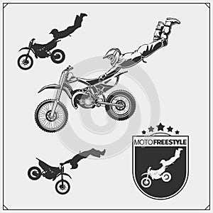 Set of motorsport silhouettes, labels and emblems. Motocross jumping riders, moto freestyle.