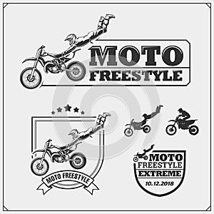 Set of motorsport silhouettes, labels and emblems. Motocross jumping riders, moto freestyle.