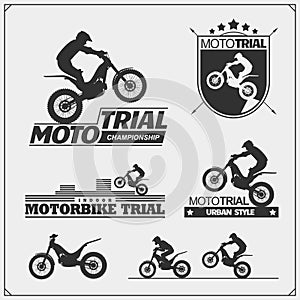 Set of motorsport silhouettes, labels and emblems. Motocross riders, moto trial.