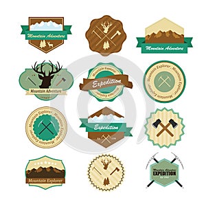 Set of mountain adventure and expedition badges