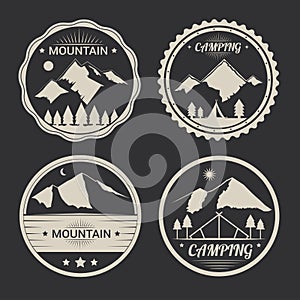 Set of mountain adventure and expedition badges.