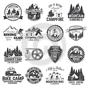 Set of Mountain biking and camping club badge. Vector