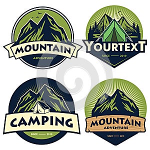 Set of Mountain Camping Logos, Templates, Vector Design Elements, Outdoor Adventure and Forest Expeditions Vintage Emblems