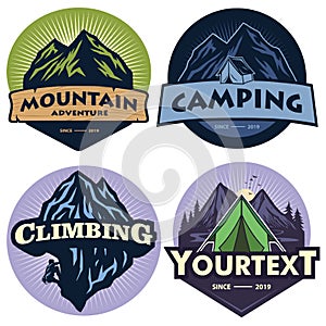 Set of Mountain Camping Logos, Templates, Vector Design Elements, Outdoor Adventure and Forest Expeditions Vintage Emblems