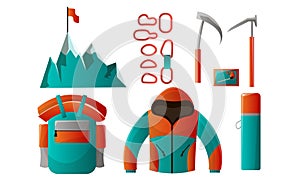 Set of mountain climber tools and equipment for backpacking. Vector illustration in flat cartoon style.