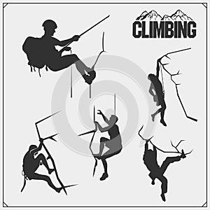 Set of mountain climbing labels, emblems and design elements. Rock climbers silhouettes.