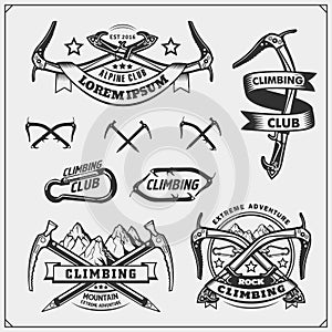 Set of mountain climbing labels, emblems and design elements.