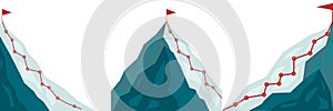 Set of Mountain climbing route to peak in flat style. Business journey path in progress to success vector illustration. Mountain