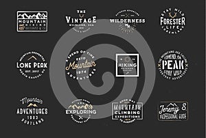 Set of mountain expedition badges, adventure labels. Vintage retro typography design