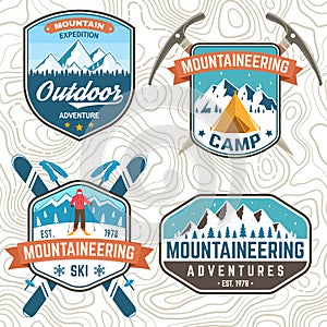 Set of mountain expedition patch. Vector. Concept for alpine club shirt or badge, print, stamp. Vintage typography