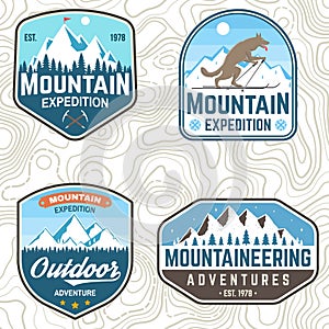 Set of mountain expedition patches. Vector. Concept for alpine club shirt or badge, print, stamp. Vintage typography