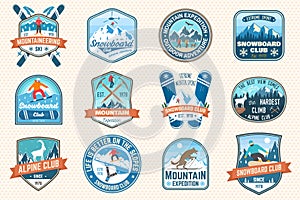 Set of mountain expedition and snowboard club patch. Vector. Concept for badge, print, stamp. Vintage typography design