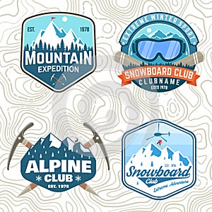 Set of mountain expedition and snowboard club patches. Vector. Concept for shirt or badge, print. Vintage typography