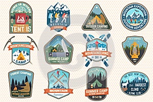 Set of mountain expedition and summer camp patches. Vector Concept for shirt or print, stamp, badge. Vintage typography