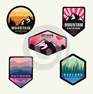 Set Of Mountain Logo Outdoor Adventure, Badges, Banners, Emblem For Mountain, Hiking, Camping, Expedition And Outdoor Adventure. E