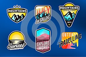 Set of mountain themed modern logos and badges. Mountain expedition labels concept.