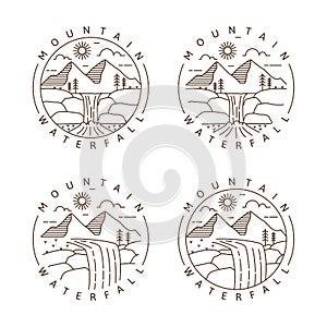 Set of mountain and waterfall outdoor monoline or line art style vector illustration
