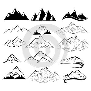 Set of mountains. Collection of stylized mountain landscapes. Black and white illustration of mountains. Linear art