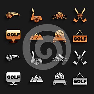 Set Mountains, Crossed golf club with ball, Golf label, water, and icon. Vector