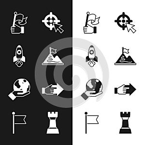 Set Mountains with flag, Rocket ship, Hand holding, Target, Earth globe, pointing finger, Chess and Flag icon. Vector