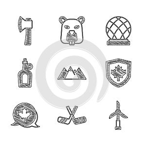 Set Mountains, Ice hockey sticks, Wind turbine, Canada flag on shield, Canadian maple leaf, Bottle of syrup, Montreal