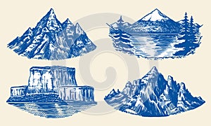 Set of mountains peaks, vintage rock, old highlands range. Hand drawn vector outdoor sketch in engraved style. Alps and