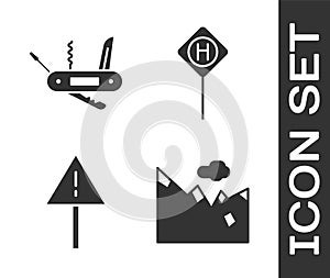 Set Mountains, Swiss army knife, Exclamation mark in triangle and Parking icon. Vector